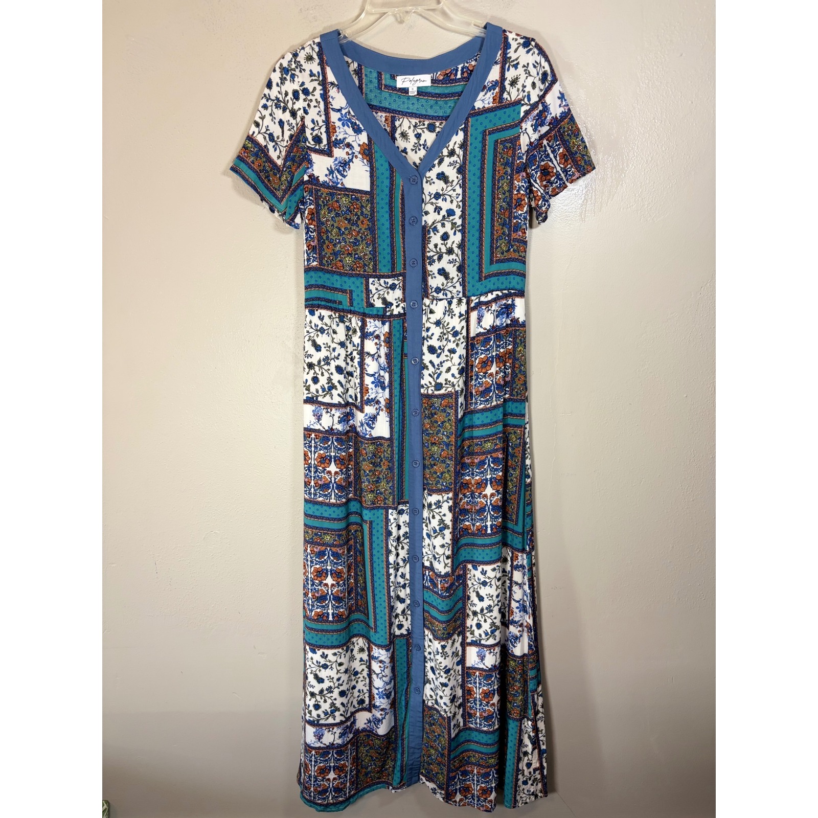 Polagram Blue White Patchwork Floral Button Front Maxi Dress Boho Summer Small S